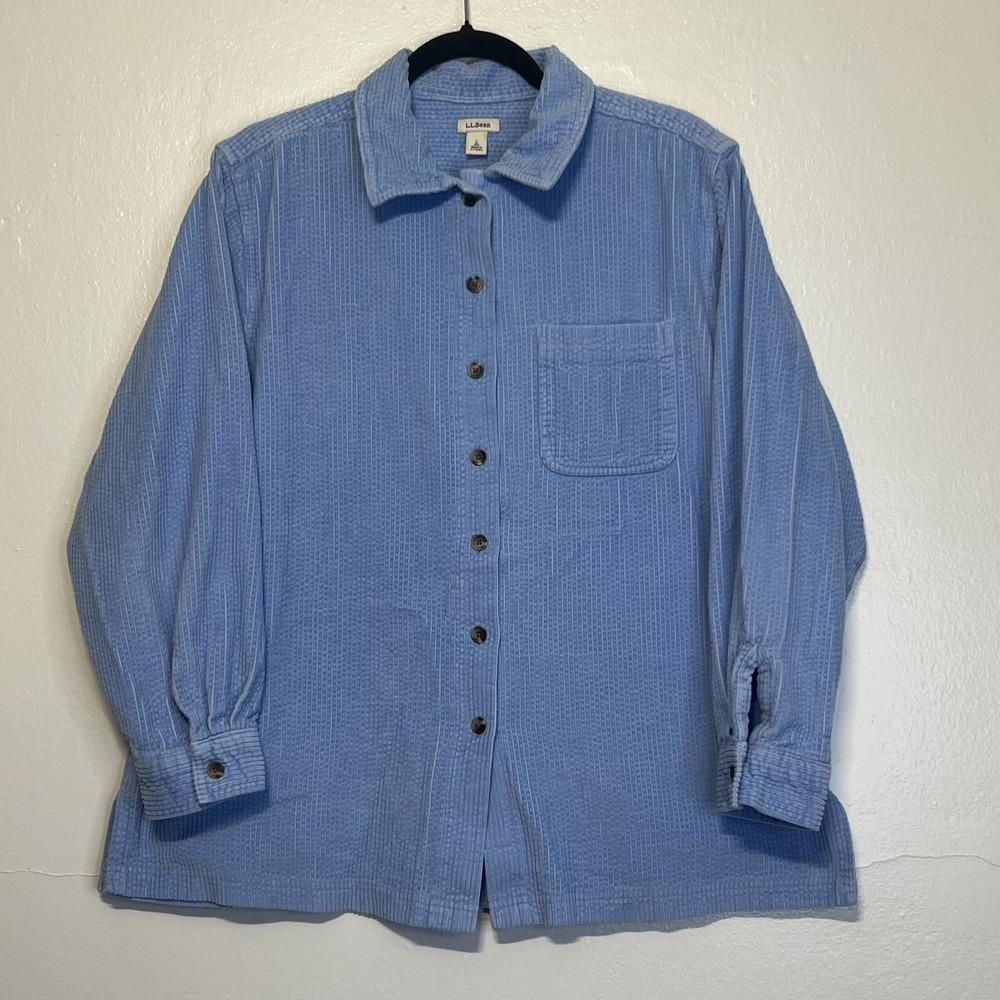 LL Bean Corduroy Wide Wale Button Up Shirt Light Blue Womens Size L Relaxed